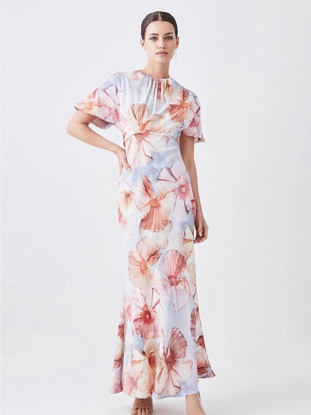 KAREN MILLEN Satin Crepe Pastel Floral Maxi Dress Pale Blue Peach Open Back